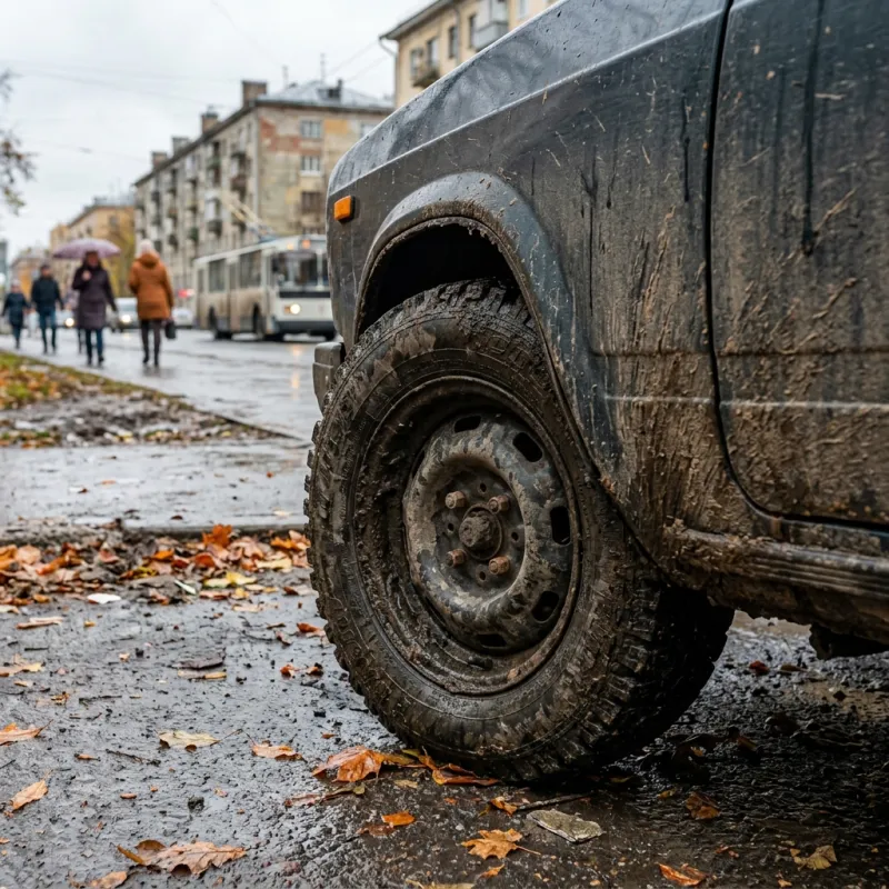 Последствия слишком широкого вылета колеса: кузов автомобиля сильно закидывает грязью